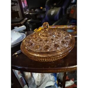 Vintage Indiana Glass Windsor Button & Cane Pink Glass Candy Dish with Lid